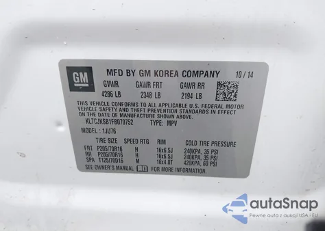 2015 Chevrolet Trax 1Ls z USA, uszkodzony, nr VIN KL7CJKSB1FB070752